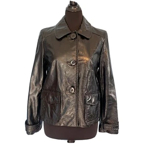 Talbots Shiny Black Leather Rain Coat Polyurethane Coated Jacket Buttons Sz M - Picture 1 of 12