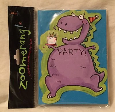 ZOOMERANG! Purple Dinosaur 8 Count Party Invitation & Envelope Pack NEW - Image 1 of 2