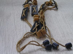 Estate Blue Flat Rectangle & Tan Wood Bead on Twine Cord Belt – 43 inches long x - Picture 1 of 4