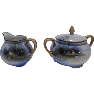 Vintage Noritake Creamer and Sugar Bowl - Lake Scene with Cottage - 2 Piece Set - Picture 1 of 20