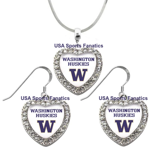 Washington Huskies 925 Necklace / Earrings or Set Team Heart With Rhinestones Cover