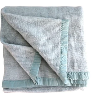 Vintage Twin Size Waffle Weave Acrylic Blanket Satin Trim Teal Blue Made in USA - Picture 1 of 14