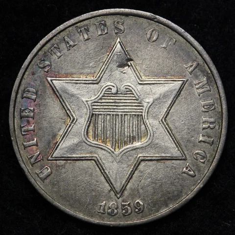 1859 Three Cent Silver Piece CHOICE AU E387 AXFB Cover