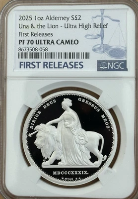 Alderney UNA & LION 2025 1 OZ plata prueba ultra alto relieve primer rel NGC PF70 Foto 1 de 4