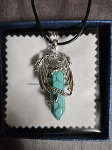 Sterling Silver/925 Turquoise Dragon Pendant Black Adjustable Rope Necklace - Picture 1 of 8