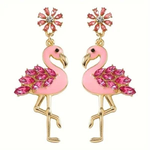 Chico’s Flamingo Flower Earrings Bird Pink Crystal Gold Stud CZ Barbiecore - Picture 1 of 7