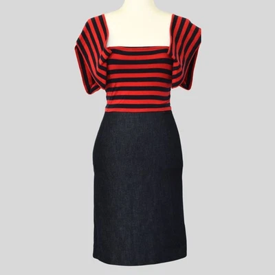 DKNY Women's Striped Top-Denim Bottom Sheath Dress Blue / Red Size 0 - Image 1 of 4