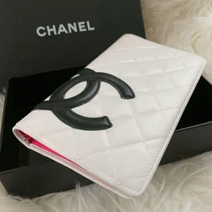 Chanel Cambon Line Big Coco Bi Fold Wallet White Pink Leather Authentic Used - Picture 1 of 14