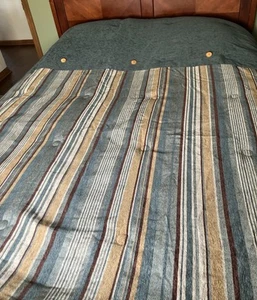Croscill 9 Pc. Queen Striped Chenille Bedding Set Teal Gold Brown Buttons HUDSON - Picture 1 of 18