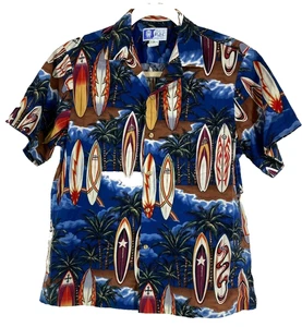 RJC Mens L Hawaiian Aloha Surfboard Surf Hawaii Palm Tree Shirt Made USA - Picture 1 of 8