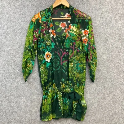 Desigual Top Womens XS green Floral Sheer V-Neck 3/4 Sleeve Drop Waist 12114 - Imagem 1 de 4