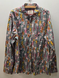 Joe Browns Retro Shirt Mens XL Grey Guitar Music Surfer Long Sleeve Button Down - Picture 1 of 12