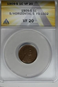 1909-S  .01  ANACS  VF 20   S/HORIZONTAL S FS-1502  Lincoln Head Cent - Picture 1 of 2