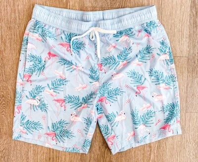 Carbon Men’s Pink & Blue Flamingo Board Shorts, Medium Swim Trunks - Image 1 of 4