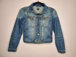 GAP Girls Blue Denim Jean Jacket Distressed Size L Large Cotton EUC Button up - Picture 1 of 7