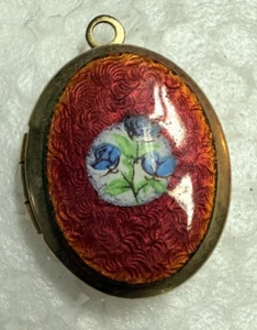 Antique Victorian Enamel Charm Pendant Locket Orange-Blue Roses - Picture 1 of 6