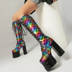 2025 Plus Size Fashion Sequins Women's Boots Sequins High Chunky Heels Boots sz - Picture 1 of 17