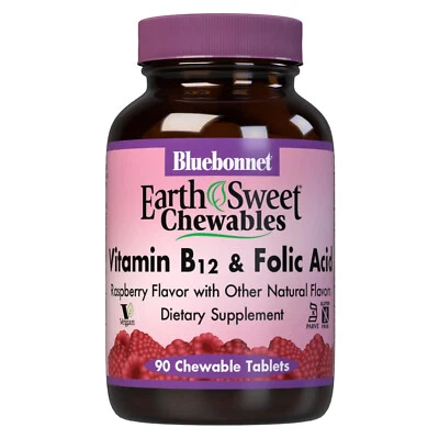 Bluebonnet Earthsweet Chewables витамин B-12 и фолиевая кислота малина 90 таблеток - Изображение 1 из 4