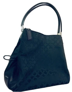 COACH MADISON SIGNATURE SHOULDER HOBO HANDBAG 3COMPARTMENTS BLACK LEATHER 26448 - Picture 1 of 7