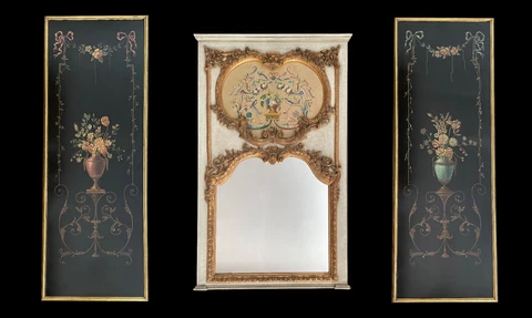 A PAIR OF HAND PAINTED PANELS 67" X 25"   + TRUMEAU MIRROR FRAME 65" X 37" - SET Cover