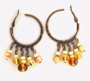 Glass Bead Hoop Dangle Earrings Brass 1x2" - Picture 1 of 2