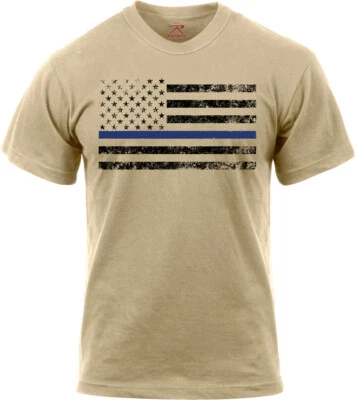 Desert Sand Distressed Thin Blue Line TBL US American Flag Short Sleeve T-Shirt - Image 1 of 2