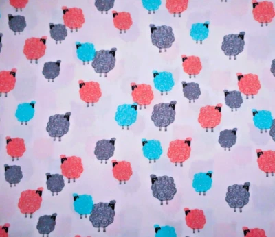 Nursery Fabric 1 Yard Baa Baa Baby Pink Aqua Gray Sheep White Premium Cotton Vtg - Image 1 of 2