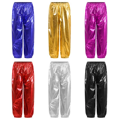 Boys Girls Shiny Metallic Pants Hippie Trousers for Jazz Hip Hop Dance Costume