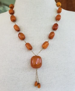 Art Deco Butterscotch Amber Barrel Bead Choker Y Necklace 22" 39 grams GF Metal - Picture 1 of 14
