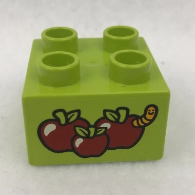 LEGO 3437pb061 Lime Duplo, Brick 2 x 2 with 3 Red Apples and Worm Pattern (x1) - Image 1 of 3