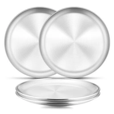 E-FAR 4-Piece Stainless Steel Plates, 9 Inch Metal Dinner Plates Dishes for Home,