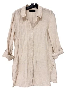 Blusa Tahari S Top Lino Cuello Abertura Lateral Pestaña Enrollable Manga Abotonada - Imagen 1 de 9