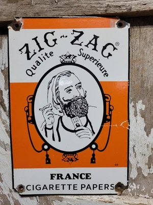 LETRERO DE PORCELANA EN ZIG-ZAG DE COLECCIÓN ANTIGUO FRANCIA FUMAR CIGARRILLOS ROLLO PAPELES Foto 1 de 4