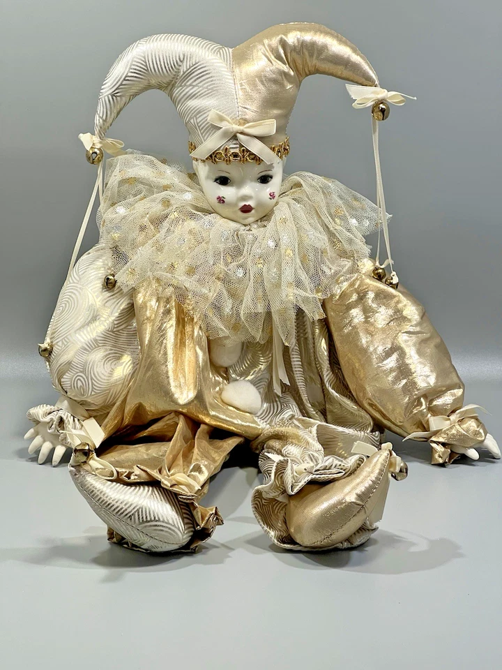 VTG Jester Clown Doll  Painted Porcelain Face And Hands Harlequin Mardi Gra 22" - Image 1 of 4