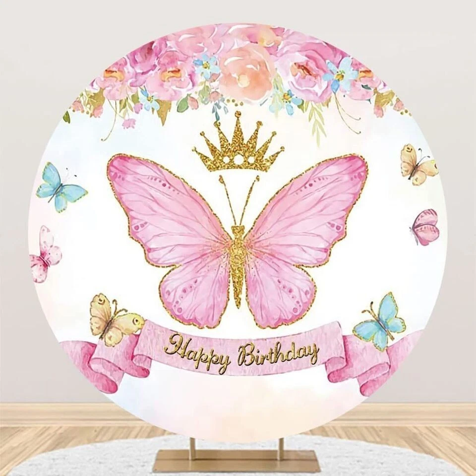 Round Backdrop Cover Floral Butterfly Theme Birthday Party Photo Background Prop - Image 1 of 4