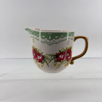 Pioneer Woman Floral Measuring Pitcher 4 Cup 1 Quart Gold Handle Chip Read - Image 1 of 4