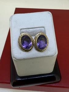 14 K Yellow Gold Amethyst Earrings - Picture 1 of 10