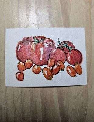 Tarjeta de arte original ACEO acuarela brillante 2,5x3,5 tomates Sarah Hinzpeter Foto 1 de 2