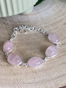Rose Quartz Multi Gemstone Bracelet Sterling Silver 925 Plated Oval Boho Retro - Picture 1 of 2