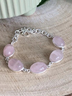 Pulseira de quartzo rosa com várias pedras preciosas folheada a prata esterlina 925 oval boho retrô - Imagem 1 de 2