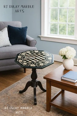 Handmade Black Marble Inlay Chess Table Set with Chess Pieces – Luxury Home Deco - Image 1 of 4