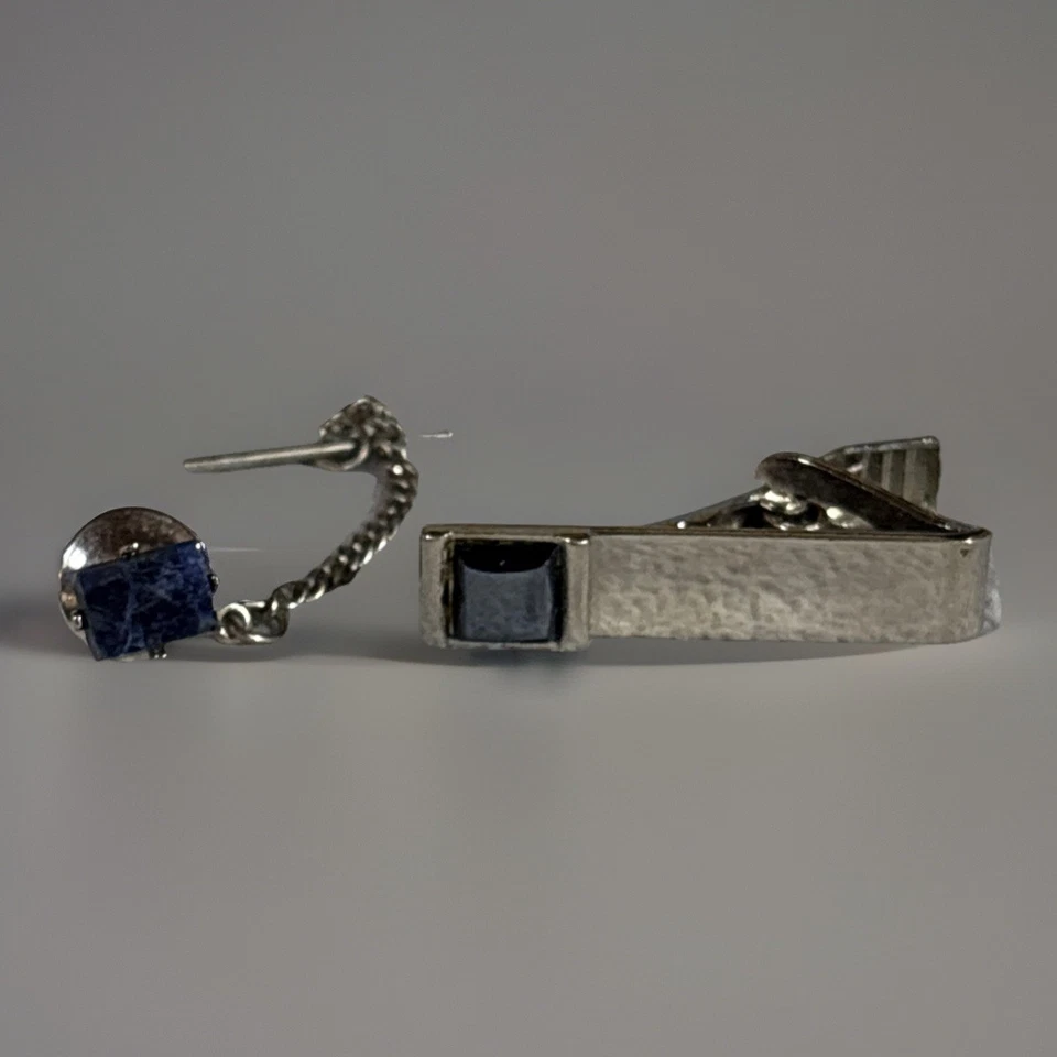 Vintage Silver Tone Tie Tack & Tie Clip Set with Blue Rectangular Stones 2 PCS - Image 1 of 2
