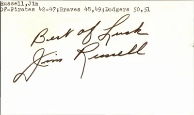 -Jim Russell- (d.1987) Signed/Autograph/Auto Postcard Pittsburgh Pirates MLB - Image 1 of 2
