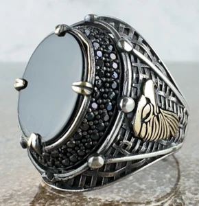 Handmade Sterling Silver Straight Onyx Natural Gemstone Rare Silver Ring - Picture 1 of 7