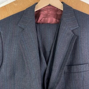 Alexandre Suit Mens 40S Navy Blue Flannel Pinstripe 2 Button 3 Piece Savile Row - Picture 1 of 24