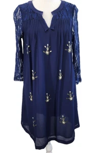 Abito donna I Madeline Anthropologie blu navy chiffon perline piccolo - Foto 1 di 14