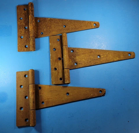 Antique 3 Large Barn Door Hinges Tee T Strap 11 3/4" Long x  7 " Barrel Cover