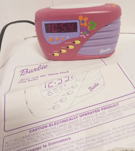 Vintage 2000 Mattel Barbie Alarm Clock Radio BE-107 pink princess. Tested. Used Cover