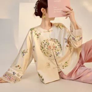 Retro chinesischer Stil Damen Rundhals Blumenstickerei Kurzmantel lose Tops Gr. - Bild 1 von 27