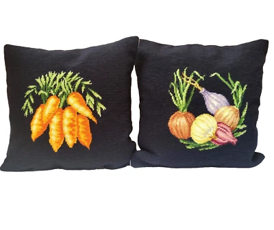 Almohadas bordadas vintage hechas a mano de lana a punta de aguja con zanahorias y cebollas lino Foto 1 de 4